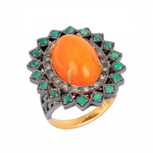 Ring 18 Kt Gold Silver Dia Eme Opal