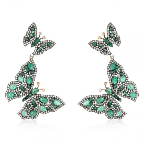 Earrings 18K Gold Silver Diam Emerald